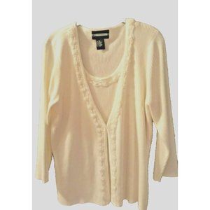 Womans Sz XL REQUIREMENT Elegant Beaded White 2fer Long Sleeve Cardigan Sweater